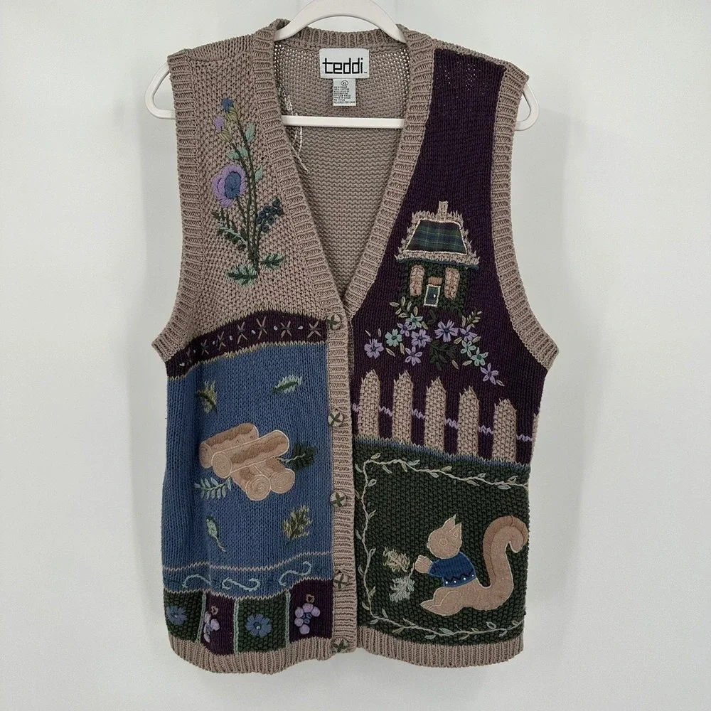 Womens Vintage Cottagecore Sweater Vest Size XL Grandma Woodland Whimsical 90s